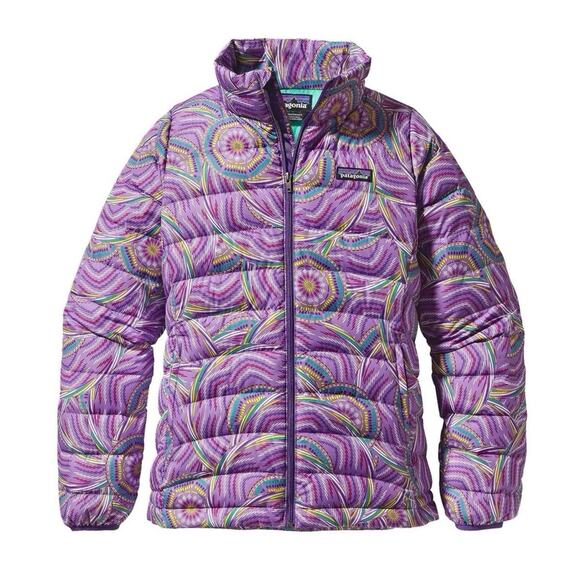 PATAGONIA Purple Printed Down Puffer Jacket Zip-Up Girls Size XL / 14 - Picture 1 of 12